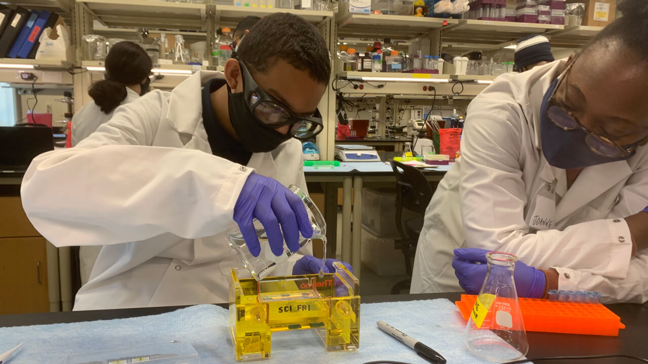 Student and supervisor conduct a science experiment in a lab.